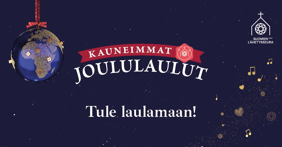 Kauneimmat joululaulut -vihkosen kansi: tummansinisellä taustalla maapallo-joulupallo. Punavalkoinen teksti.