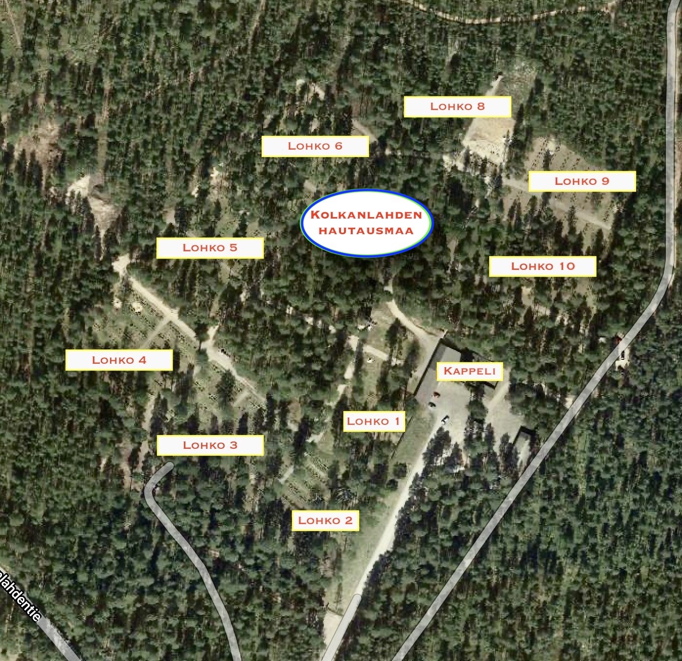 Ilmakuvakartta hauta-aluelohkoista