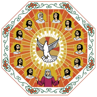 Helluntain tunnuskuvassa Pyhä Henki on kyyhkysen muodossa apostolit ympärillään. Anniina Mikama, Kirkon kuvapankki